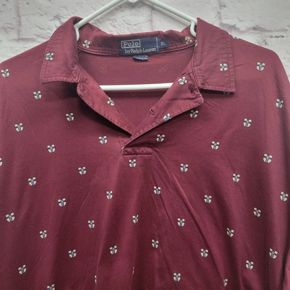 Ralph Lauren Crest All Over Print Polo Shirt Size XL Burgundy Maroon Golf Casual